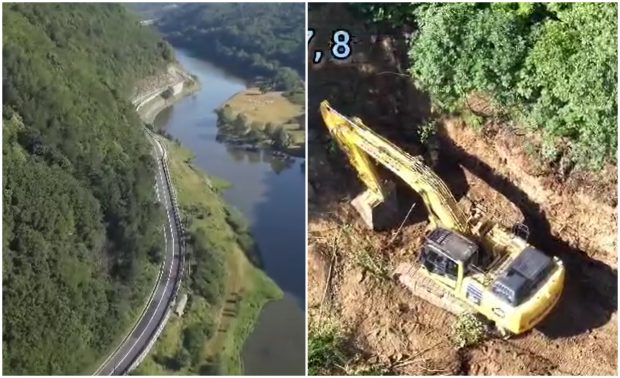 Imagini din dronă de pe Valea Oltului. Cum arată zona după trei zile de la începerea lucrărilor de defrișare, care au blocat traficul pe DN7
