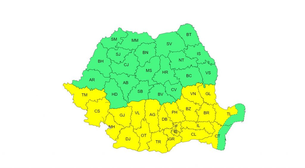 Un nou val de caniculă peste România. Harta zonelor aflate sub cod galben 1 harta cod galben canicula 1