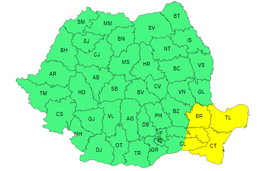 Alertă de furtuni și vijelii în estul Munteniei și zona litoralului. Se anunță ploi și la București