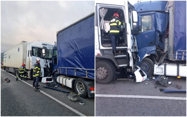 Două tiruri s-au ciocnit frontal, după ce unul a intrat pe contrasens, pe breteaua A1 de la Boița, în Sibiu | VIDEO
