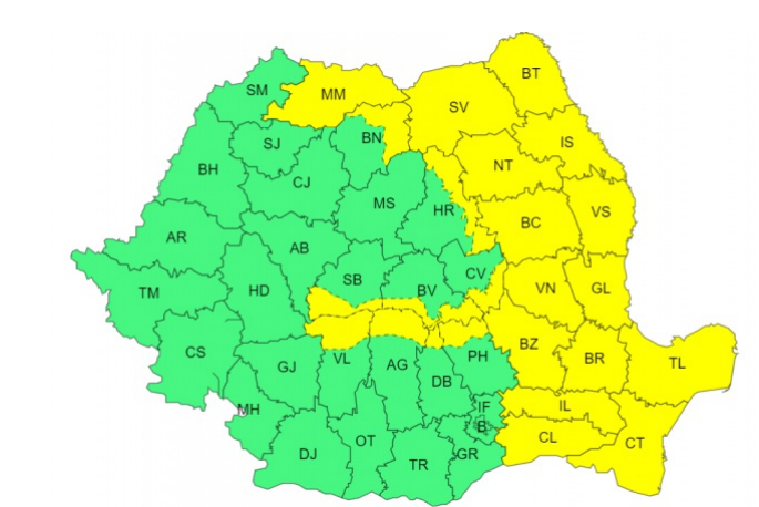 Cod galben de ploi și vânt puternic în Moldova, Dobrogea și estul Munteniei. Lapovița și ninsorile lovesc la munte
