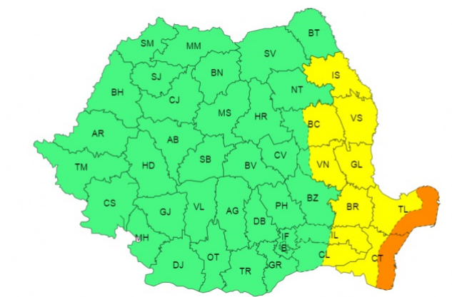 Vreme rea în continuare: vânt puternic și ploi. Zonele aflate sub avertizare cod galben și portocaliu