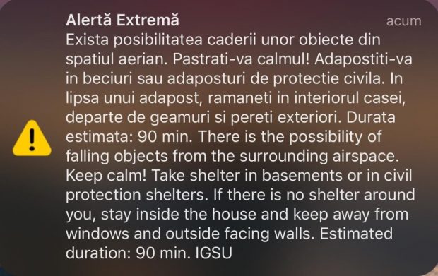 Mesaj RO-Alert la Tulcea: „Există posibilitatea căderii unor obiecte din spaţiul aerian”