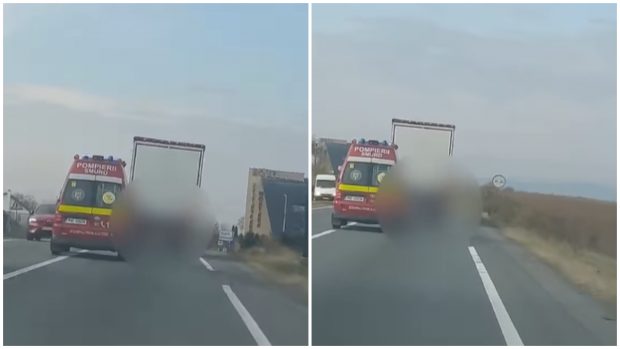Un șofer de TIR a fost filmat în Cluj, în timp ce ezită să acorde prioritate unei ambulanțe SMURD