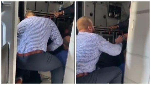 Bărbat legat cu bandă adezivă de alți pasageri, după ce a încercat să deschidă ușa avionului. „Era hotărât, voia să iasă din avion” | VIDEO
