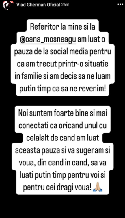 Motivul pentru care Vlad Gherman și Oana Moșneagu au dispărut o perioadă din mediul online. „Am luat o pauză. Am trecut printr-o situație în familie”