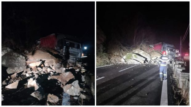 Trafic blocat pe Valea Oltului din cauza căderilor de stânci pe carosabil. Doi oameni au fost răniți | VIDEO