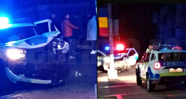 Autospecială IPJ Brăila, lovită de un șofer și aruncată într-un stâlp. Mașina de poliție ducea la spital un bărbat prins băut la volan