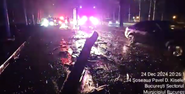 Un șofer a provocat un accident rutier evitând un copac rupt de vânt, în București. Un copil a ajuns la spital | VIDEO