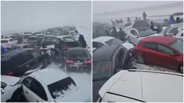 Imagini de la accidentul cu 95 de mașini de pe o autostradă înghețată, lovită de o furtună de zăpadă, în Kazahstan