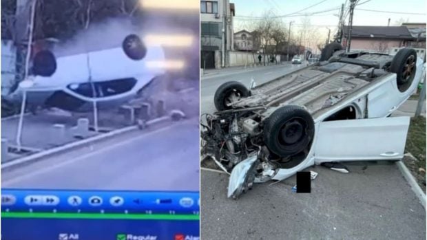 Momentul în care o mașină scăpată de sub control spulberă doi oameni pe trotuar, dărâmă stâlpișorii și se răstoarnă, în Chiajna