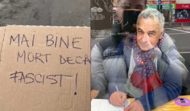 Reacția lui Călin Georgescu, după ce o tânără i-a pus o pancartă direct în față cu „Mai bine mort decât fascist”. Momentul devenit viral pe TikTok