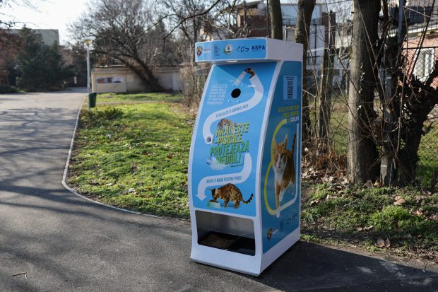 Donezi o sticlă de plastic și hrănești gratuit pisicile din parcul Tineretului din București. A fost montat primul dispozitiv inteligent pentru animăluțe
