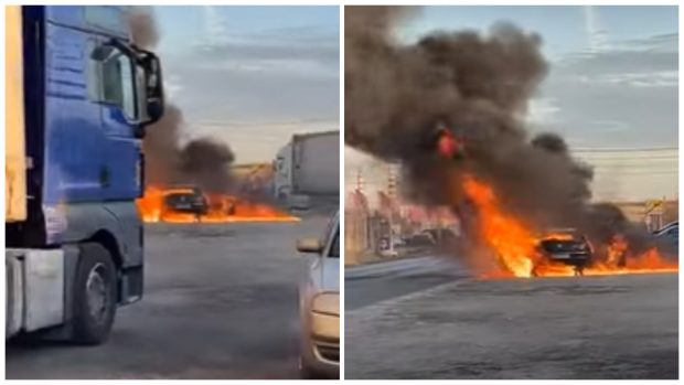 O mașină a luat foc în mers, în județul Prahova, și a ars complet în câteva minute