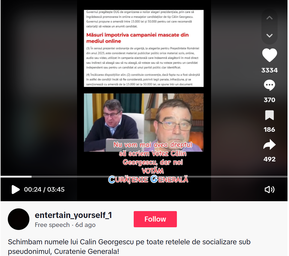 Un internaut îi îndeamnă pe susținătorii lui Călin Georgescu să folosească sloganul „Votăm Curățenie Generală”. Foto Captură video TikTok