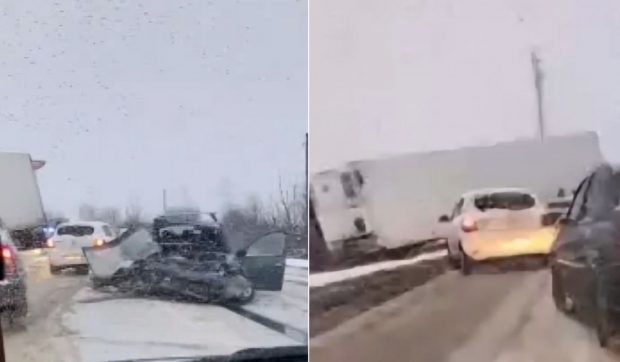 Doi oameni morți într-o mașină spulberată de un TIR, pe Centura București, la Glina