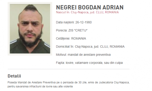 Interlopul clujean „Crețu”, zis și „Spaima Ardealului”, dat în urmărire. Bogdan Negrei a mai făcut închisoare, după ce a incendiat o femeie ce refuzase să-i plătească taxă de protecție