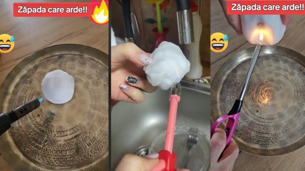 Românii dau foc la zăpadă, o ard pe grătar și ca să arate că e falsă fac teste în chiuvetă