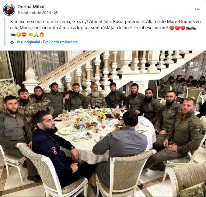 Femeia apropiată de aghiotantul lui Călin Georgescu și de cecenii lui Kadîrov. Se laudă că generalul Zamid Chalaev i-a făcut cadou un medalion inscripționat cu „Love”