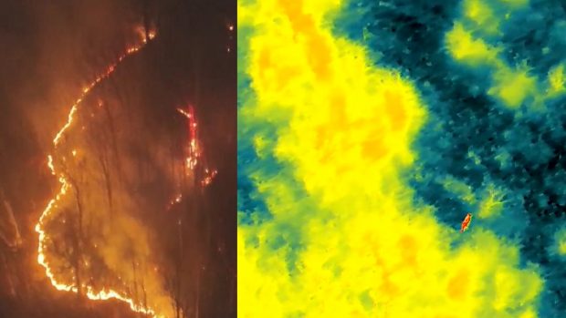 Imagini filmate noaptea din dronă cu o cameră cu termoviziune, la Suciu de Sus, în Maramureș, unde arde pădurea