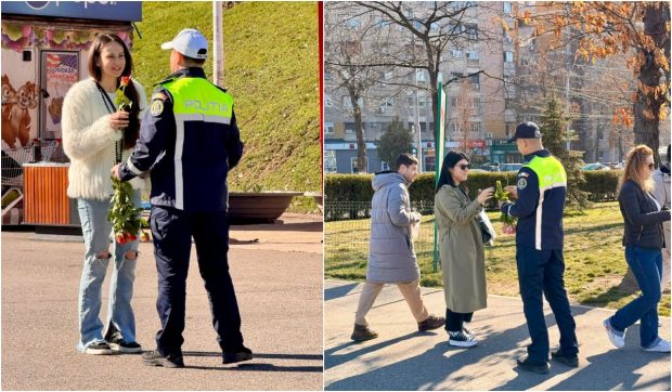 Poliția Română a împărțit flori femeilor de 8 Martie, dar și sfaturi pentru bărbați: „garantat o vei surprinde”