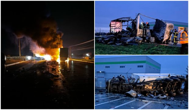 Doi șoferi de camion morți în Arad, unul – în cabina care s-a aprins. Un TIR și o basculantă s-au ciocnit frontal I VIDEO 