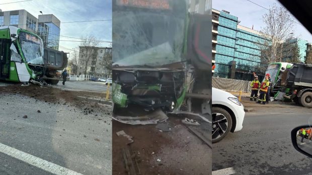 Circulația tramvaielor din București pe liniile 1, 10, 11 și 25, blocată de un tramvai lovit de o basculantă