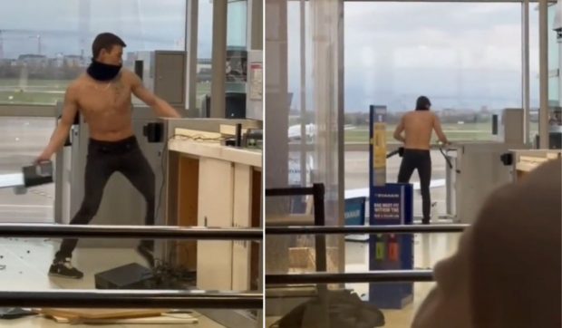 Un bărbat la bustul gol a spart obiecte și a distrus mobilierul de pe aeroportul din Dublin. Care a fost motivul crizei de nervi. Filmarea cu el a devenit virală