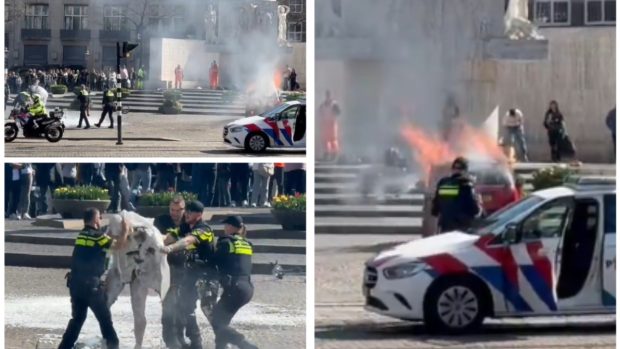 Momentul în care un bărbat își aruncă în aer mașina, în mijlocul turiștilor, în Amsterdam. A ieșit din autoturism cuprins de flăcări | VIDEO