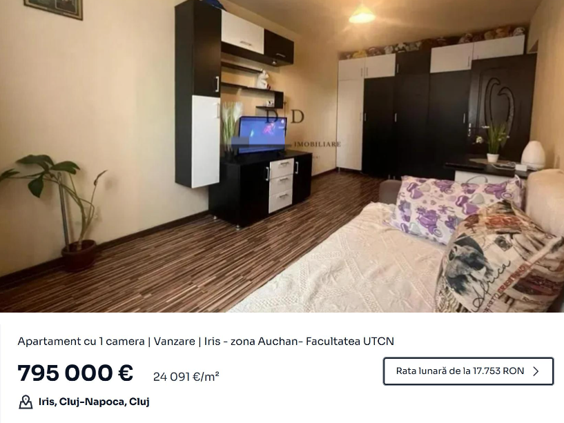 Apartament cu o cameră din cartierul Iris din Cluj-Napoca, de vânzare cu 795.000 de euro: „Voi sunteți nebuni?!”