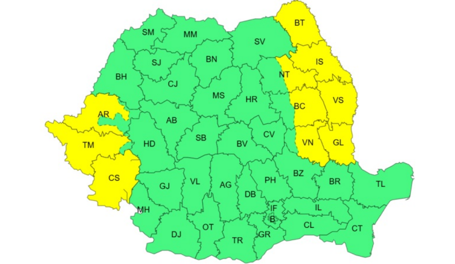 Atenționare cod galben timp de trei zile, în 10 județe din România