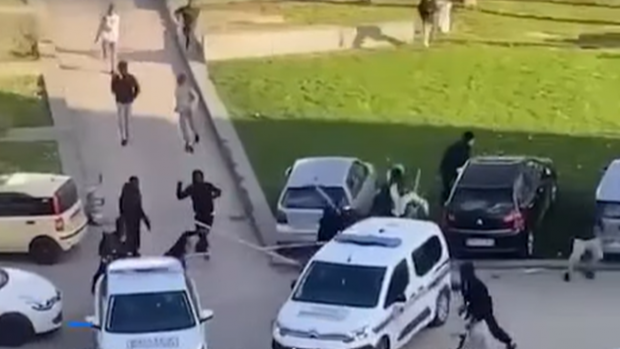Momentul în care treizeci de indivizi atacă două mașini de Poliție în Franța