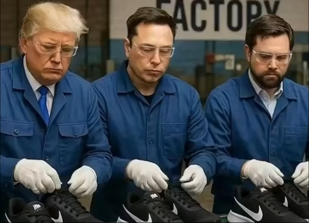 Trump, Musk și JD Vance, ironizați într-un nou clip. Cei trei apar muncind „cot la cot” pe o linie de producție de pantofi sport