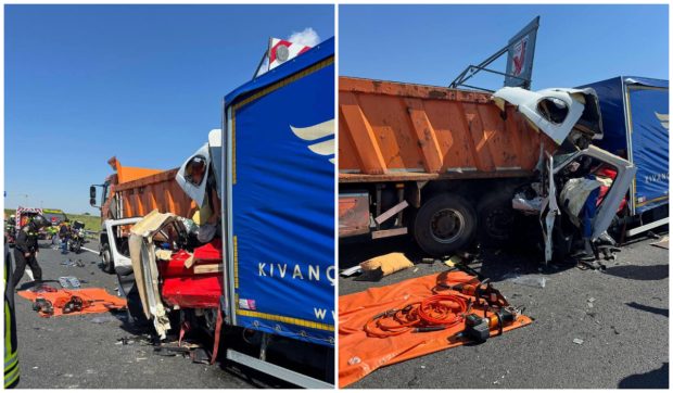 Accident rutier pe autostrada Lugoj-Timișoara: un șofer a rămas încarcerat după ce a intrat cu autoutilitara într-un camion încărcat cu pietriș 