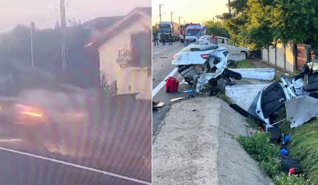 Mașină ruptă în două după un accident filmat la Plosca, în Teleorman