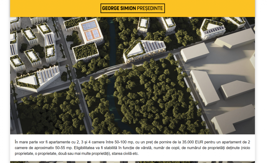 Captură de ecran de pe site-ul lui George Simion în care apar imaginile virtuale ale unor ansambluri rezidențiale