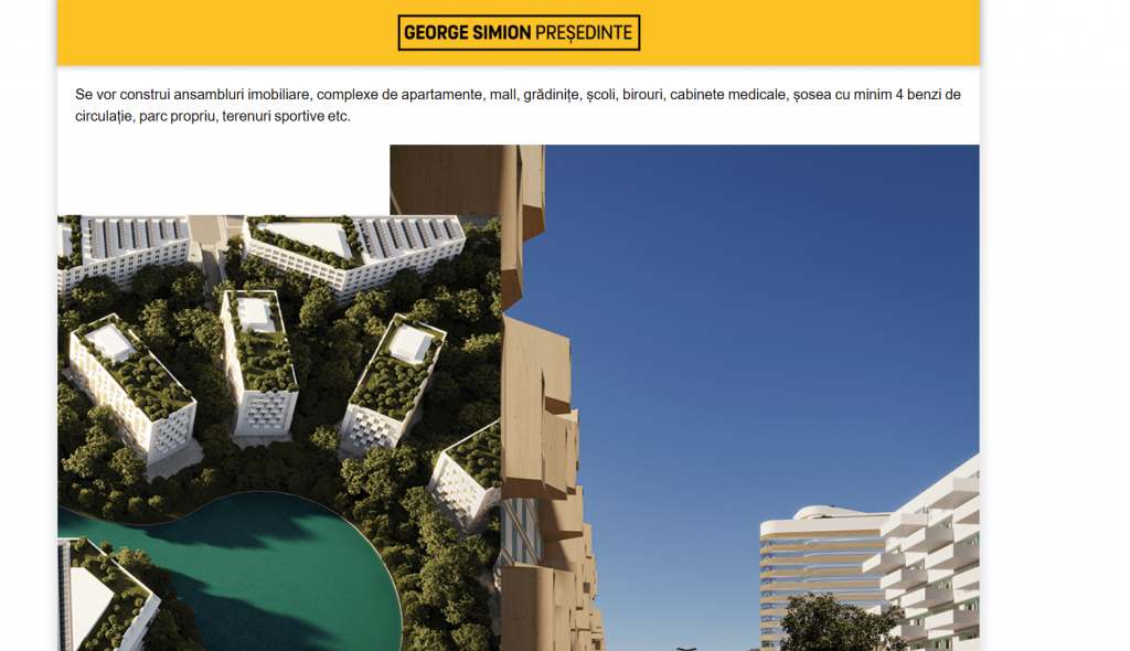 Captură de ecran de pe site-ul lui George Simion în care apar imaginile virtuale ale unor ansambluri rezidențiale