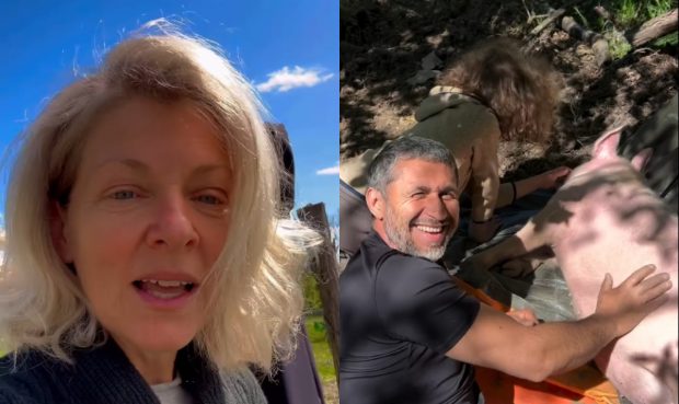 Dragoș Bucur și Kadri, momente amuzante cu porcul din grădină, surprinse de Dana Nălbaru la săditul răsadurilor în Argeș