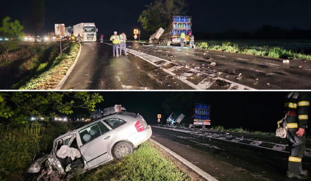 Un camion cu butelii și o mașină s-au lovit în plin, la ieșirea din Tecuci, județul Galați. Două persoane au fost rănite