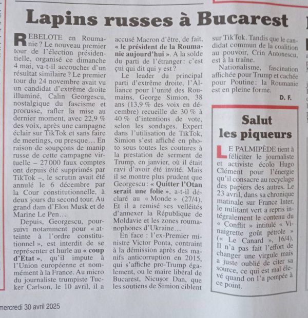 „Iepuri ruși la București”, titlul dat de „Le canard enchaine” înainte de alegerile prezidențiale din 4 mai 2025