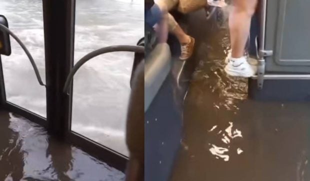 Noi imagini din București, după furtuna de luni. Un autobuz plin de călători s-a inundat în mers, iar mașinile au circulat aproape acoperite de apă