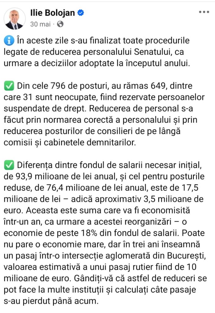 ilie bolojan mesaj privind reforma bugetara de la senat