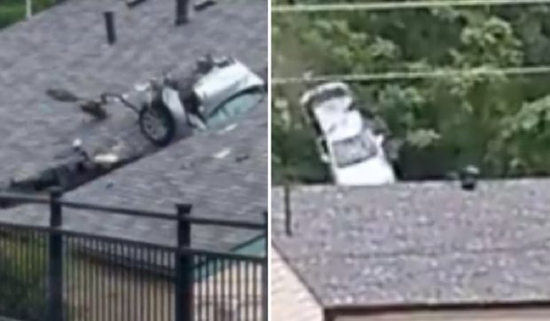 O mașină „zboară” și se înfinge în acoperișul unei clădiri, distrus pentru a doua oară în trei luni. Imagini cu momentul „decolării”| VIDEO