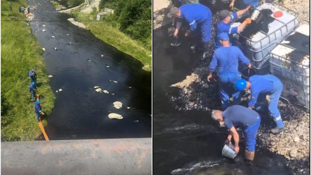 Muncitorii de la OMV Petrom au vrut să scoată petrolul cu găleata, după ce o cantitate mare de țiței a ajuns în râul Tazlău, în zona Moinești