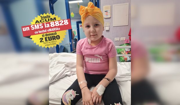 Pentru a putea primi tratamentul salvator în Italia, Maria are nevoie de 60.000 de euro. Fetița de cinci ani are leucemie acută limfoblastică și va sta internată un an în spital, la Roma