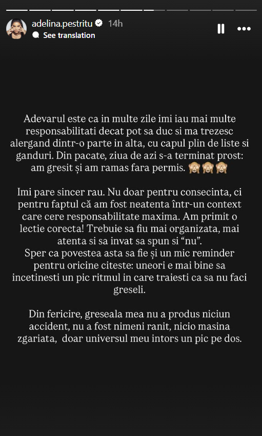 Adelina Pestrițu a rămas fără permisul de conducere. „Am greșit. Am primit o lecție corectă”