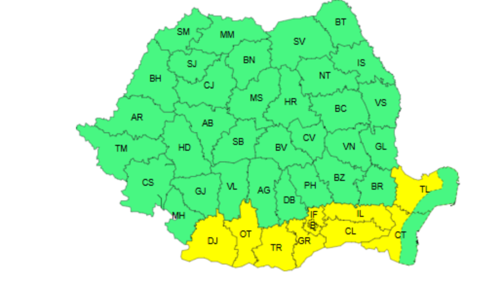 Coduri galbene de caniculă și furtuni violente. Harta zonelor unde temperaturile trec de 37 de grade Celsius și regiunile lovite de vijelii