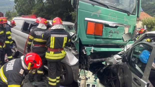 Dubă cu volan pe dreapta, înmatriculată în Marea Britanie, spulberată de un TIR, pe Valea Oltului. Circulația este blocată
