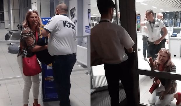 Momentul în care pasagera unei curse Ryanair din Bulgaria află că bagajul ei de mana e prea mare. Femeia începe să țipe și se prăbușește la pământ