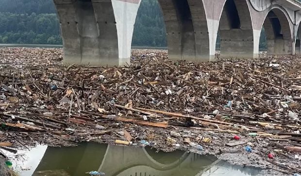 Lacul Bicaz, transformat de inundații: s-a umplut de bușteni și resturi aduse de viitură din pădurile din apropiere
